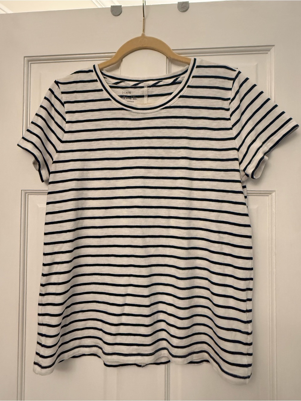 J. Crew Girlfriend Striped Crewneck T-Shirt - White with Navy Stripes